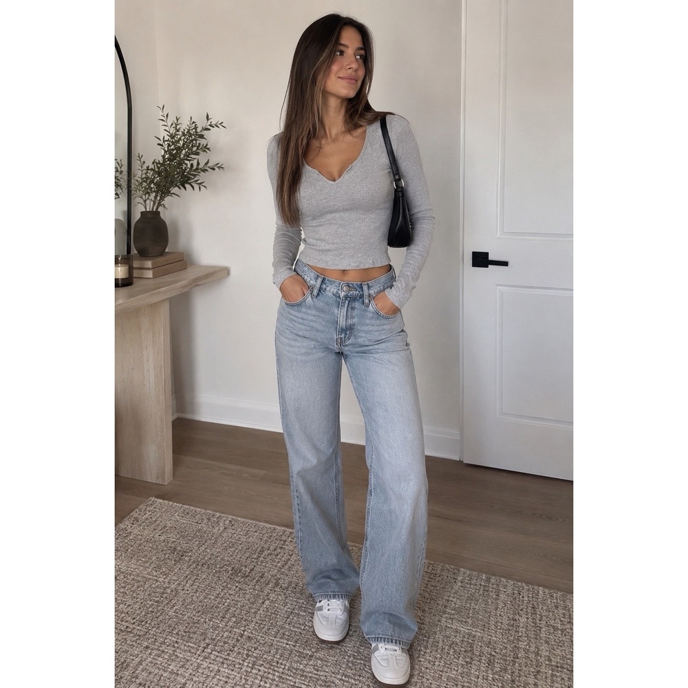 Brandy Melville Gray Ribbed V Neck Long Sleeve Top Y2K ONE SIZE FITS MOST! Top